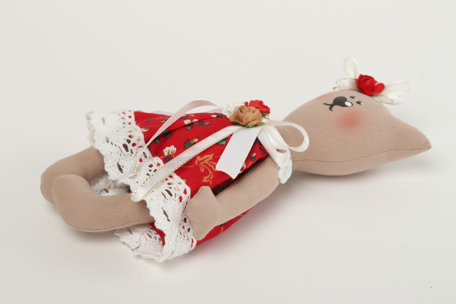 Handmade Kuscheltier Katze im roten Kleid Stoff Spielzeug Geschenk für Kinder  foto 2