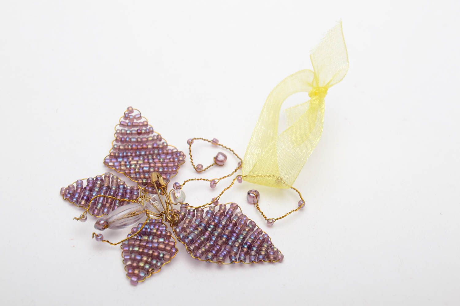 Papillon décoratif en perles de rocaille mauve fait main photo 4