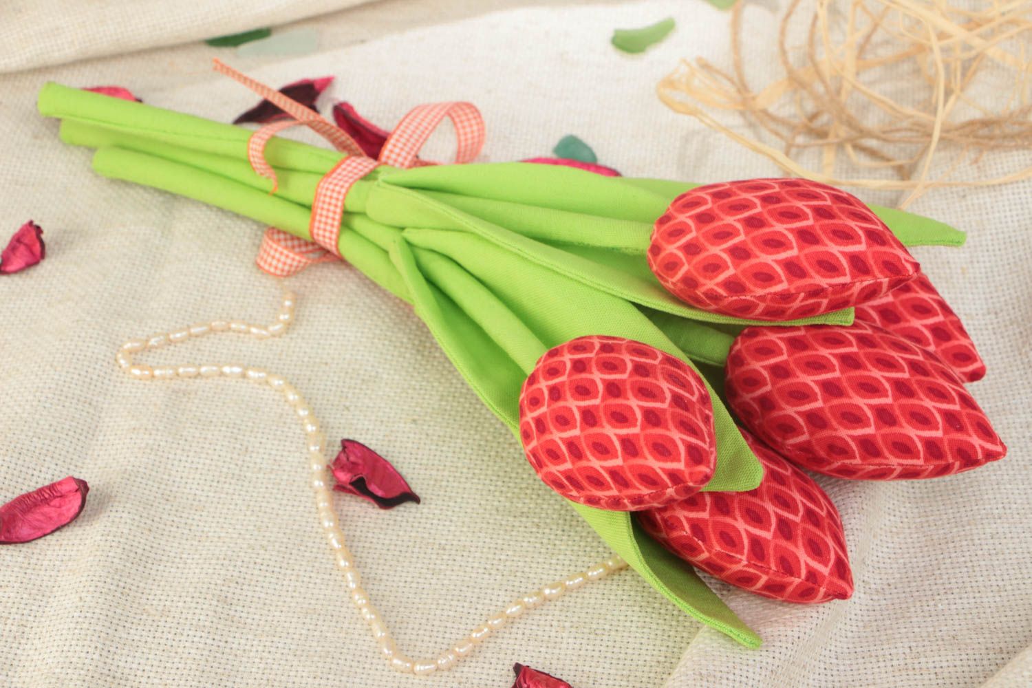 Unusual beautiful red handmade textile soft flowers Bouquet of Tulips photo 1