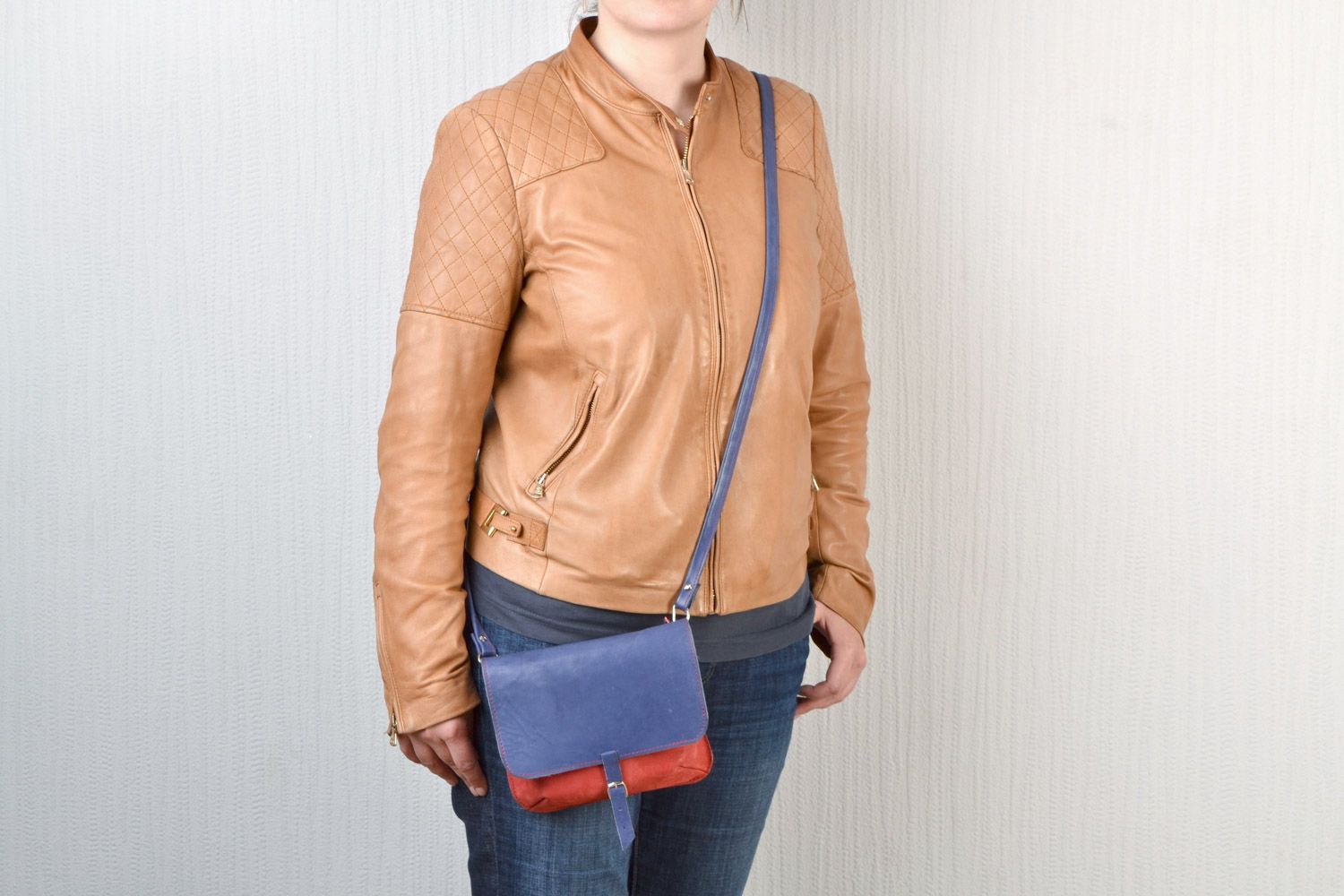 Handmade genuine leather clutch bag in blue and red colors with long handle  photo 2