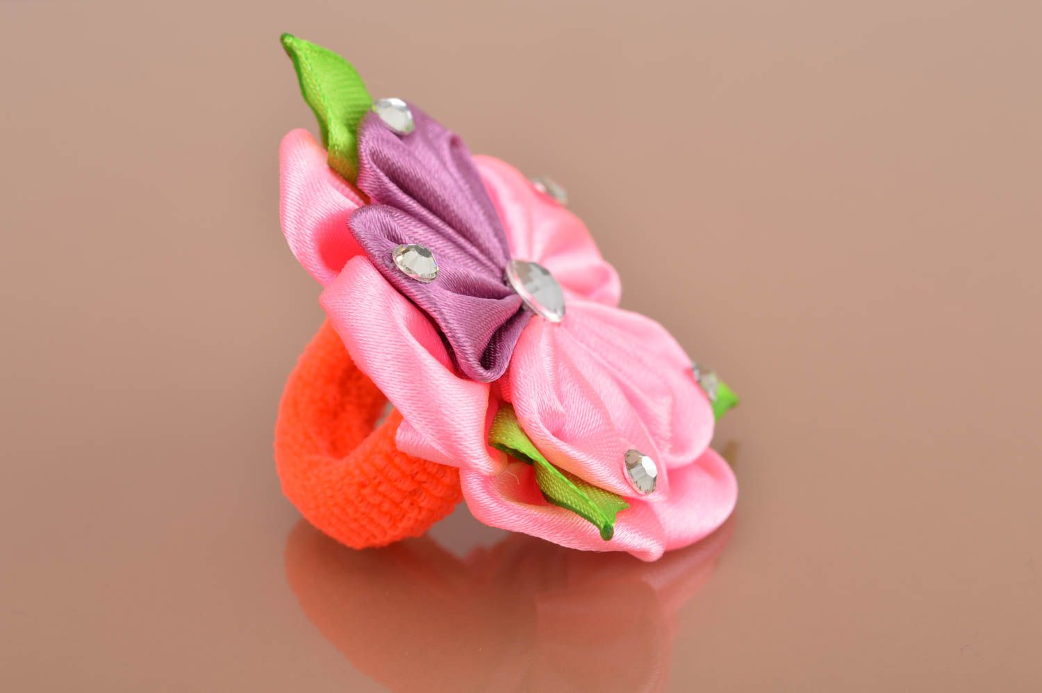 Children's designer pink scrunchy with satin ribbon flower kanzashi technique  photo 5