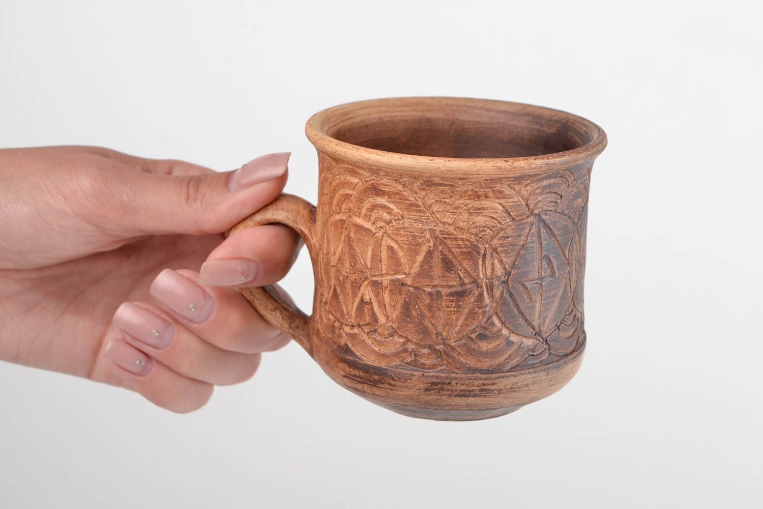 Medium size 5 oz clay cup with handle and rustic pattern photo 2