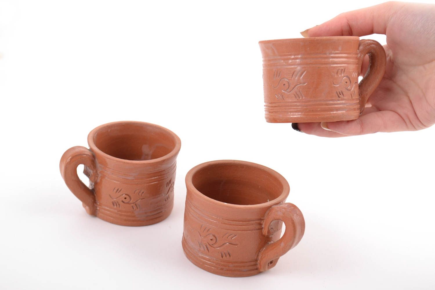 Set of three clay drinking 2,5 oz glazed cups 0,86 lb photo 2
