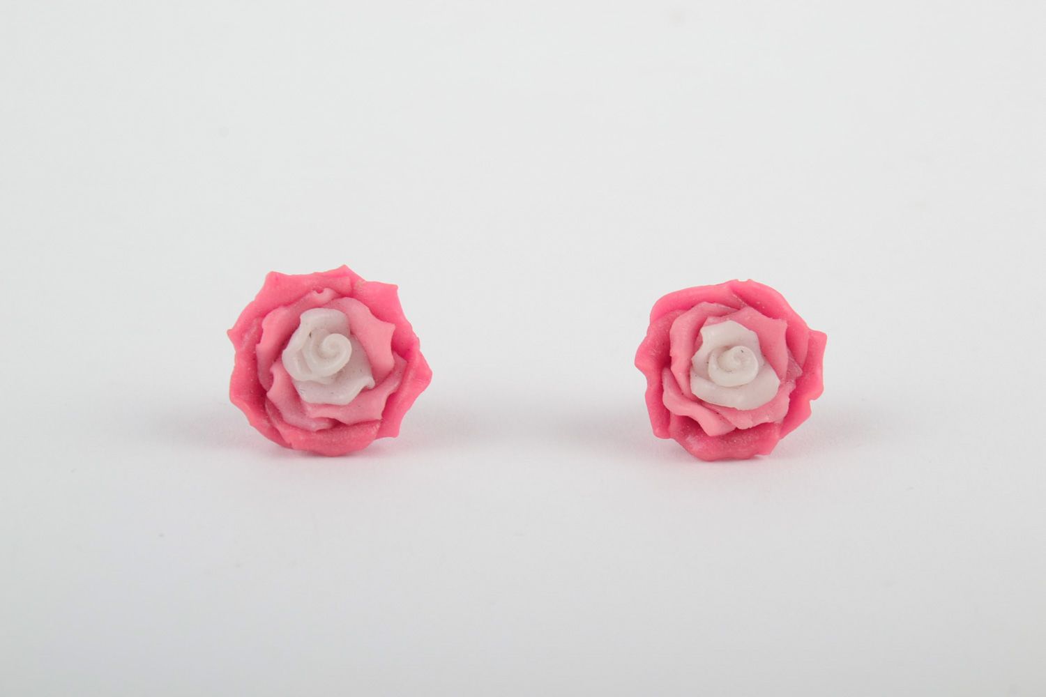 Handmade polymer clay stud earrings in the shape of tender pink rose buds  photo 3