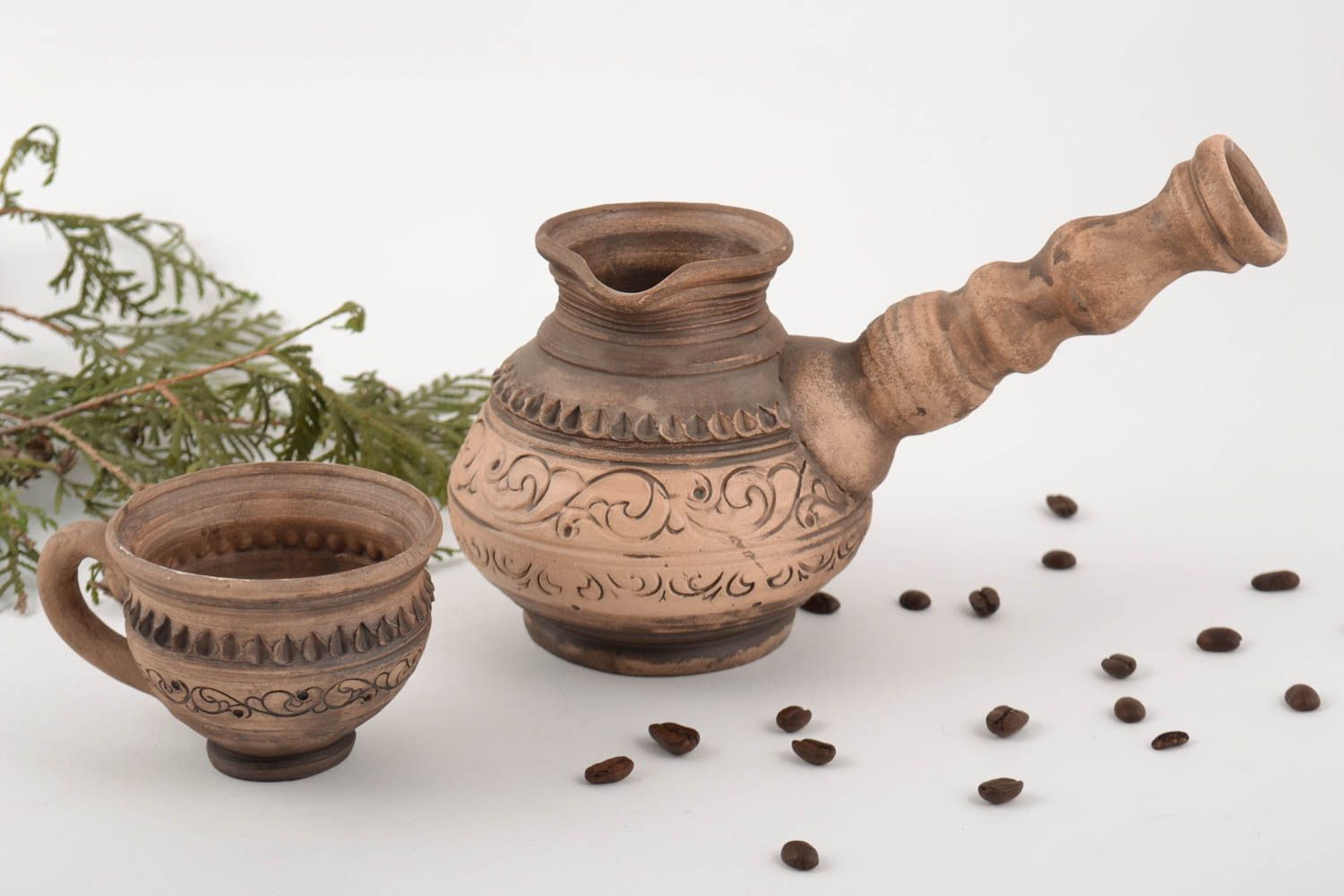 Keramische Küchenuntensilien aus Ton Kaffeekanne 500 ml und Tasse 150ml handmade foto 1