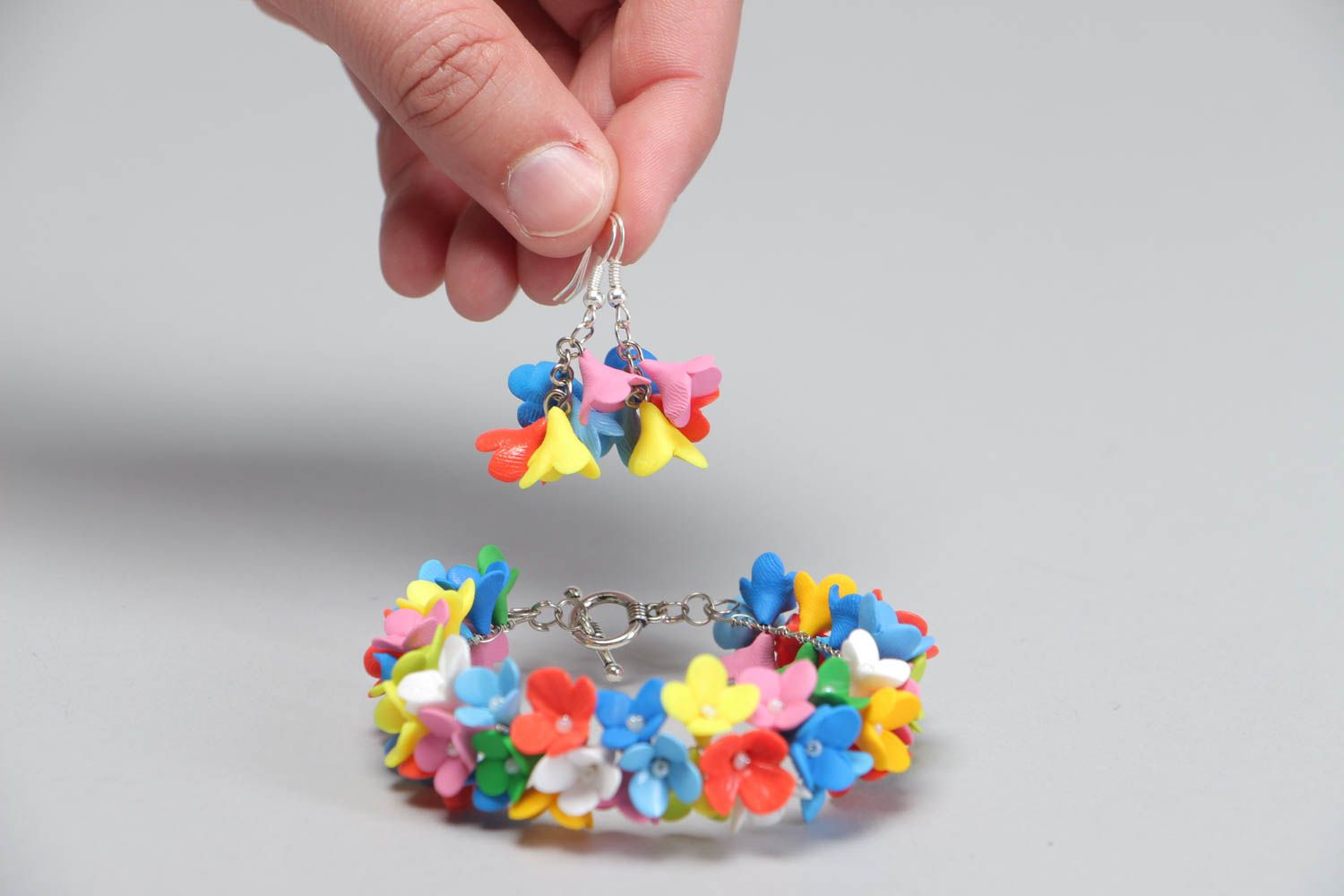 Set of handmade jewelry polymer clay earrings bracelet with flowers gift jewelry photo 5