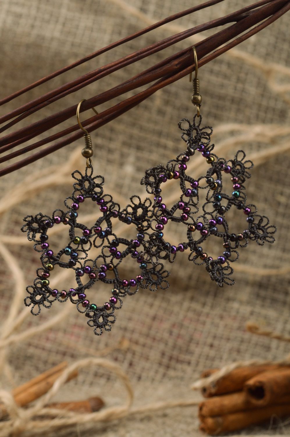 Black and violet handmade woven tatting earrings with beads photo 1