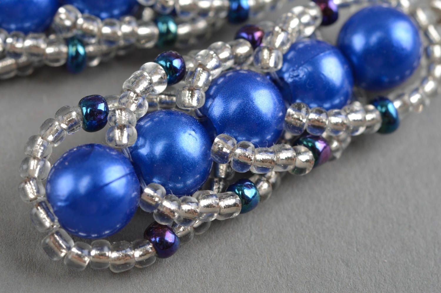 Handmade designer earrings blue beaded accessories stylish woven jewelry photo 5