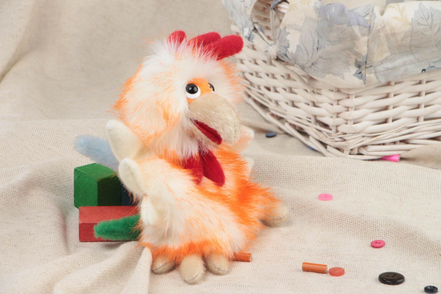 Unusual white and orange handmade faux fur fabric puppet toy for children photo 1