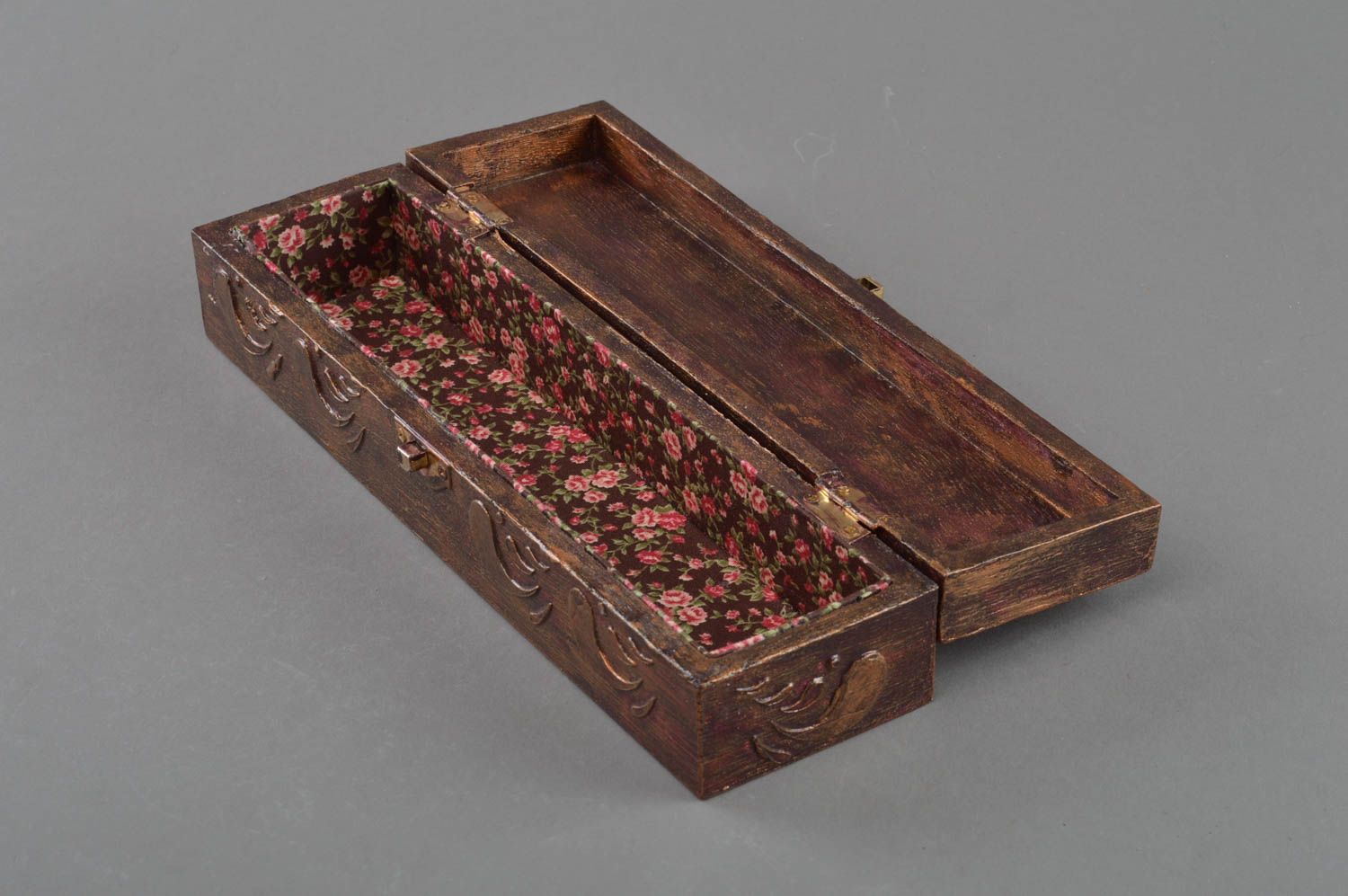 Handmade long rectangular decoupage wooden jewelry box with lining dark brown photo 3