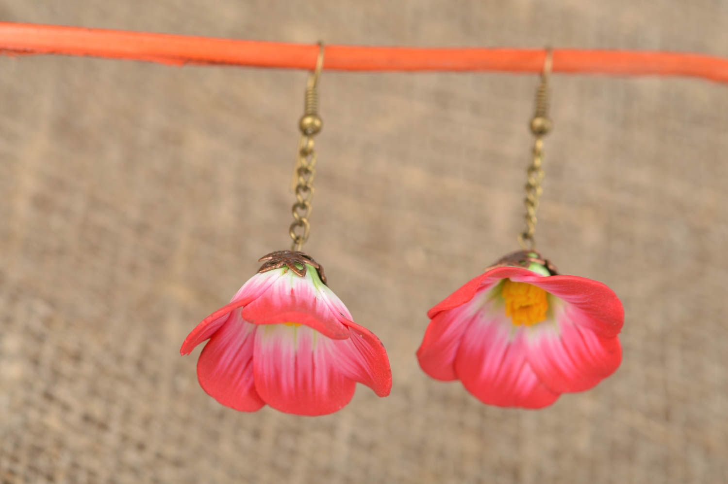 Neat earrings with polymer clay flowers unusual pink handmade accessory photo 1