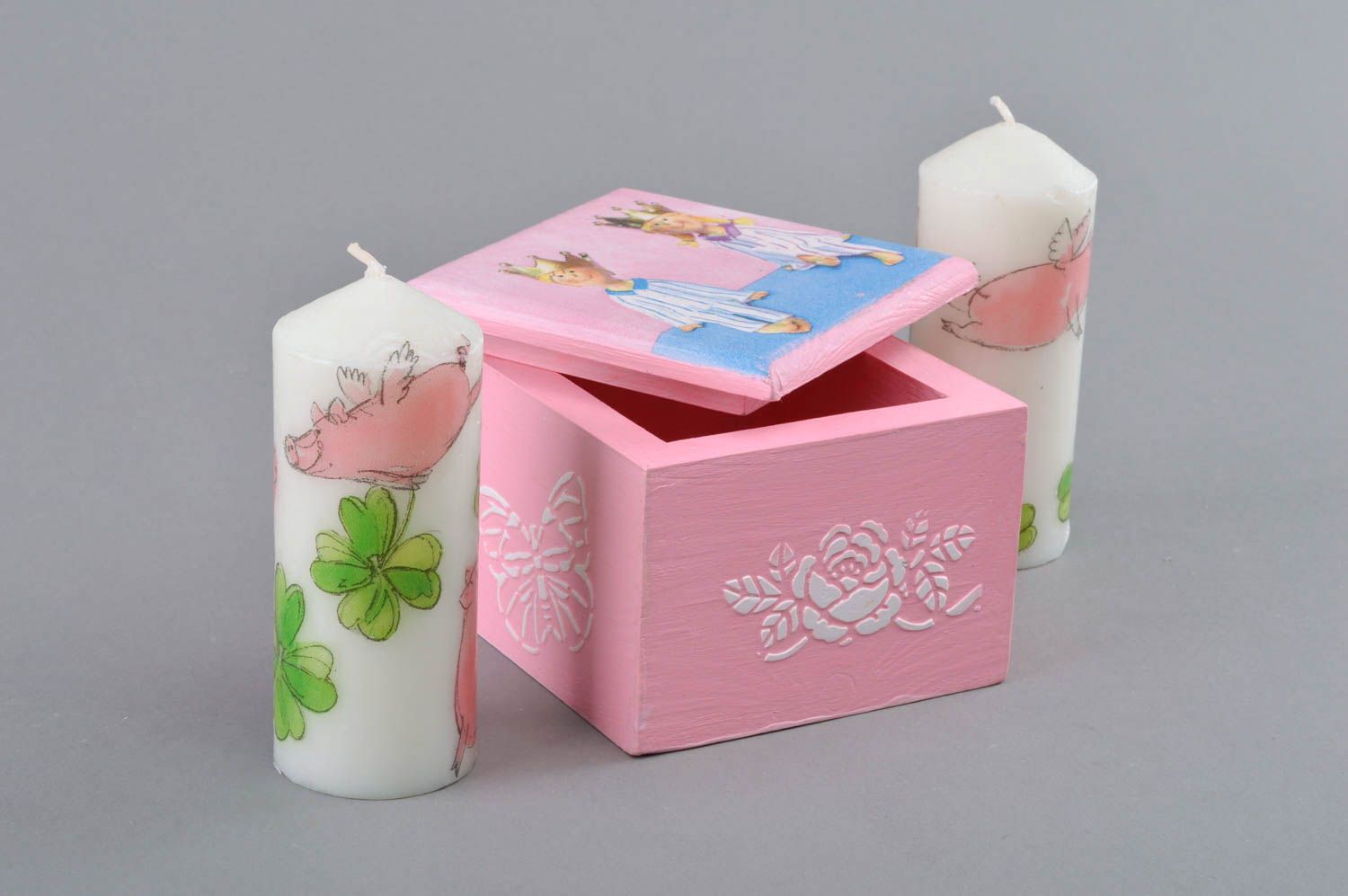 Handmade tender pink decoupage small wooden jewelry box with removable lid photo 2