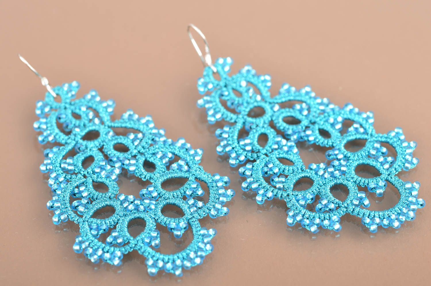 Unusual gentle handmade designer blue tatting lace earrings with beads photo 2