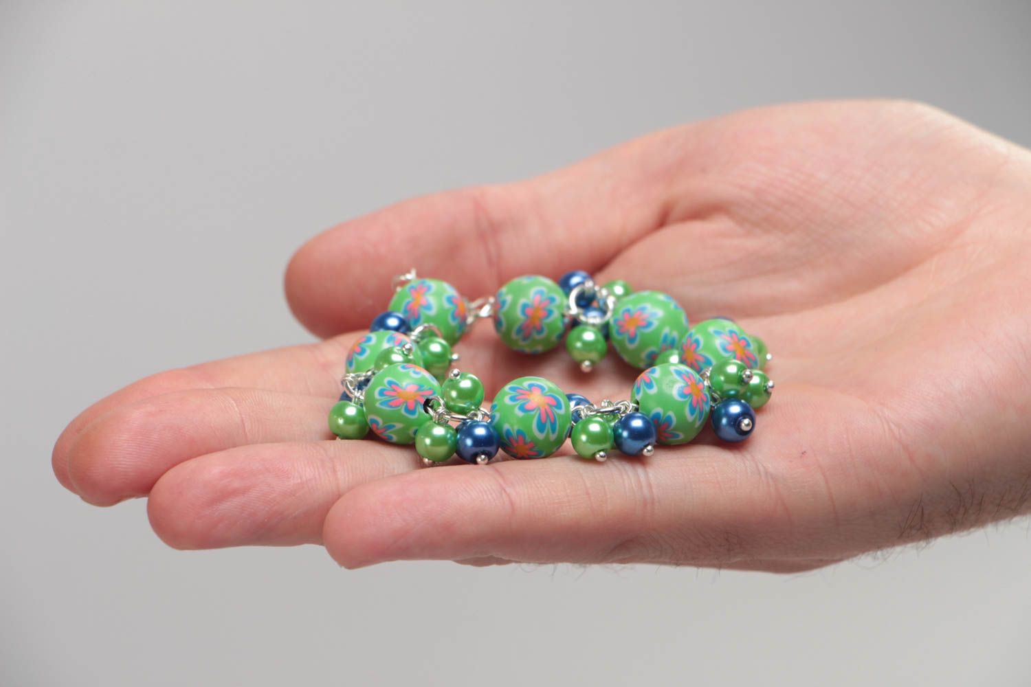 Green and blue handmade stylish children's polymer clay bracelet with charms photo 5