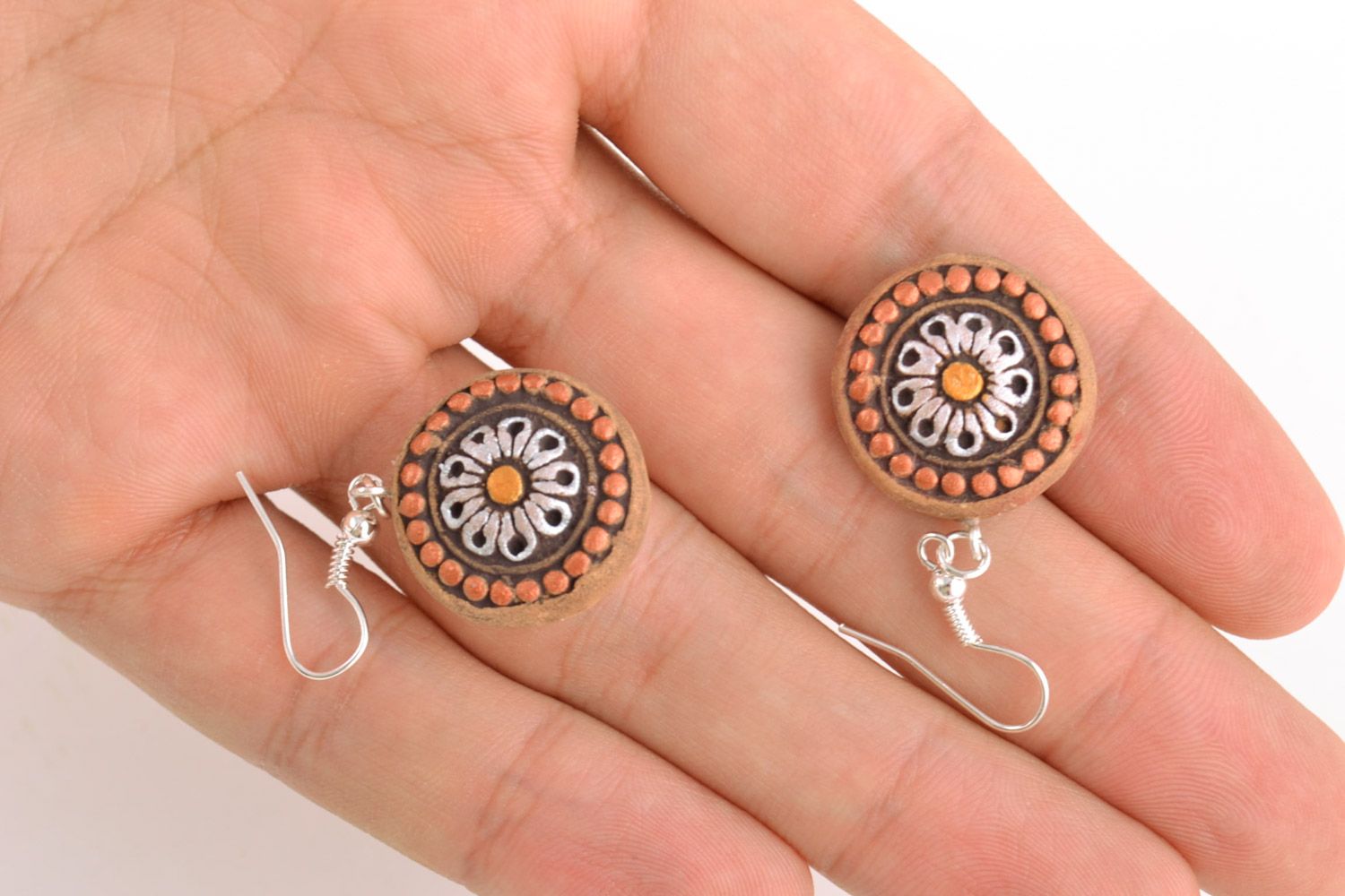 Round-shaped ethnic ceramic earrings ornamented with acrylic paints handmade photo 2