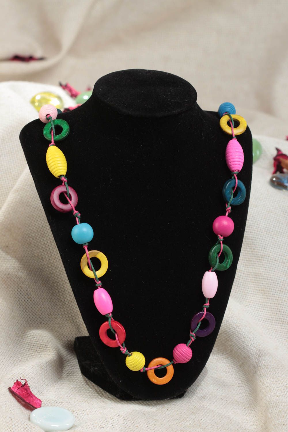 Beautiful bright necklace with wooden and coconut beads for children photo 1