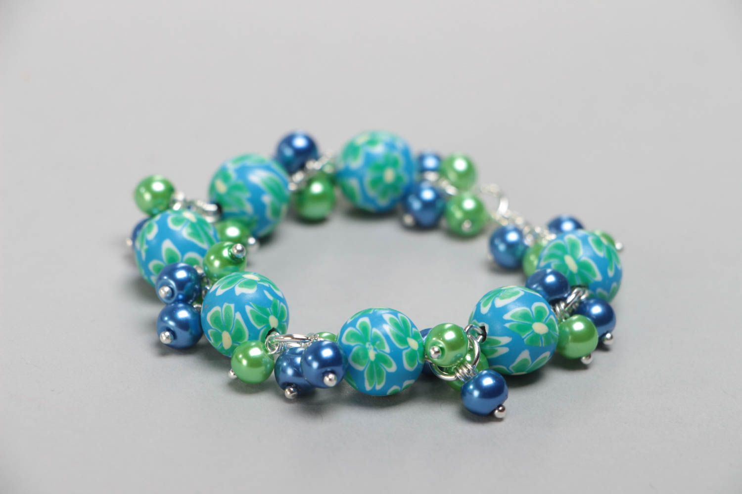 Blue handmade children's polymer clay bracelet with ceramic beads on chain photo 3