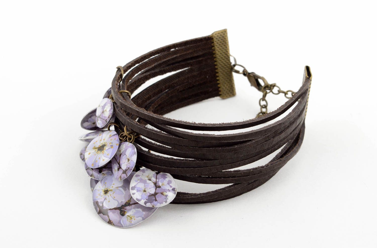 Bracelet cuir marron Bijou fait main large breloques à motif floral Cadeau femme photo 2