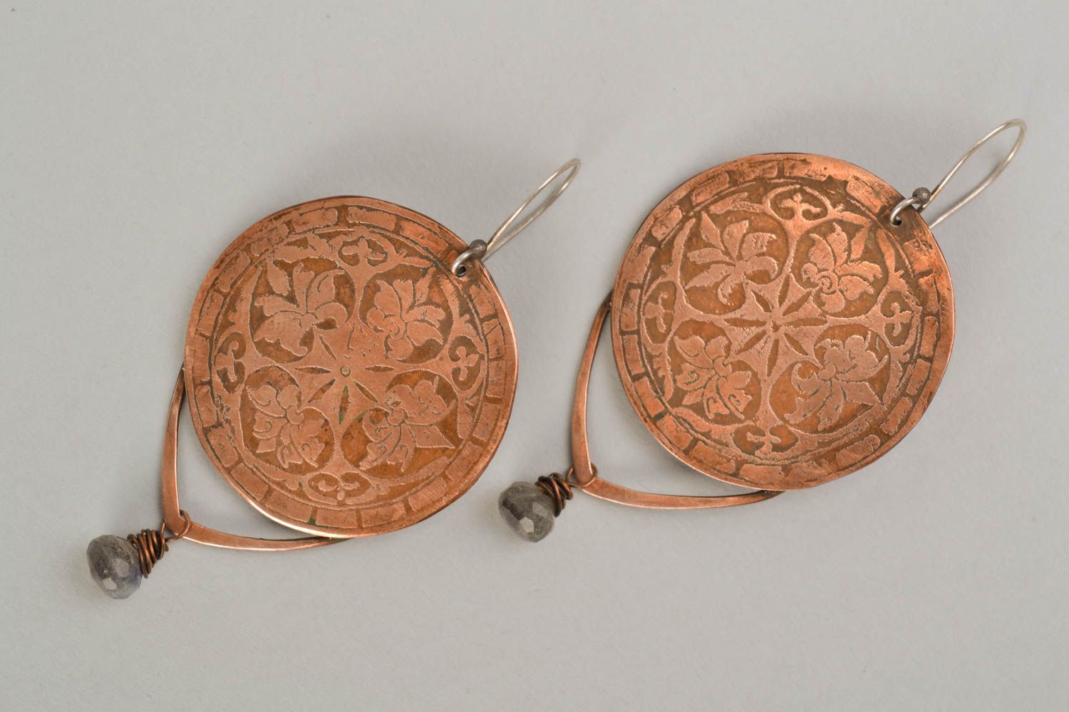 Handmade round copper earrings with ornaments photo 3