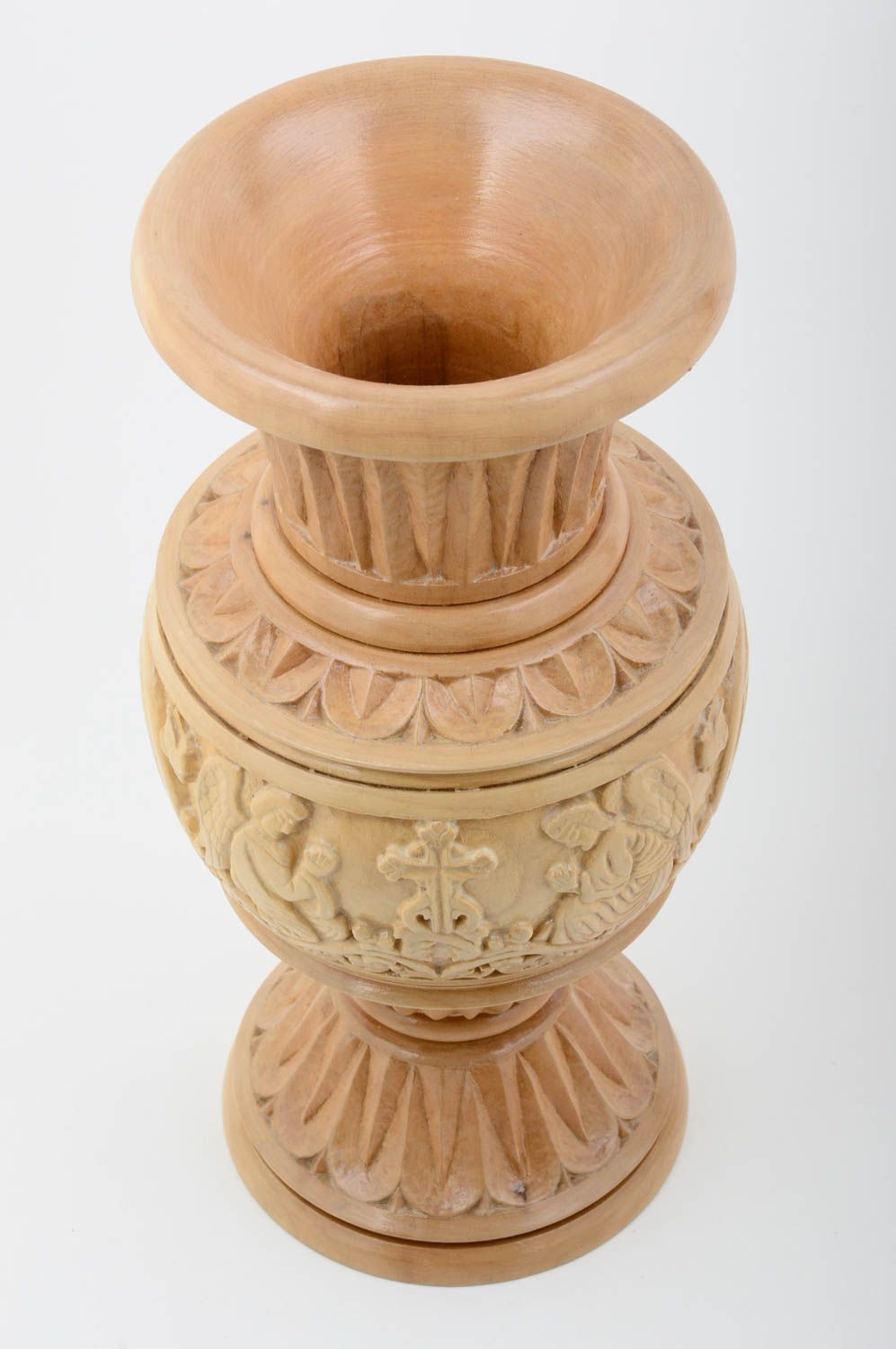 Vase bois clair fait main Déco maison ornementée sculptée Cadeau original photo 2
