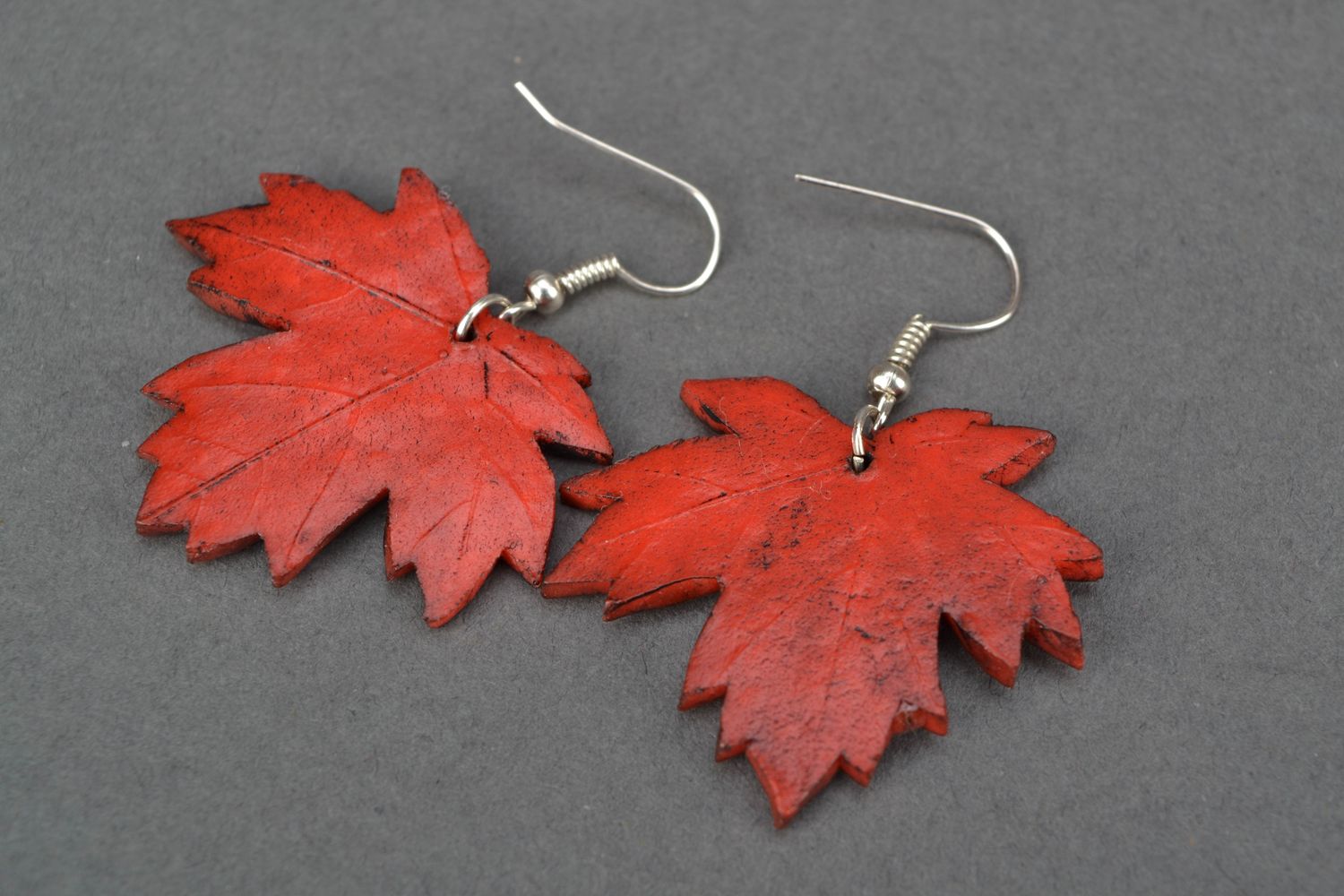 Large polymer clay earrings in the shape of maple leaves photo 4