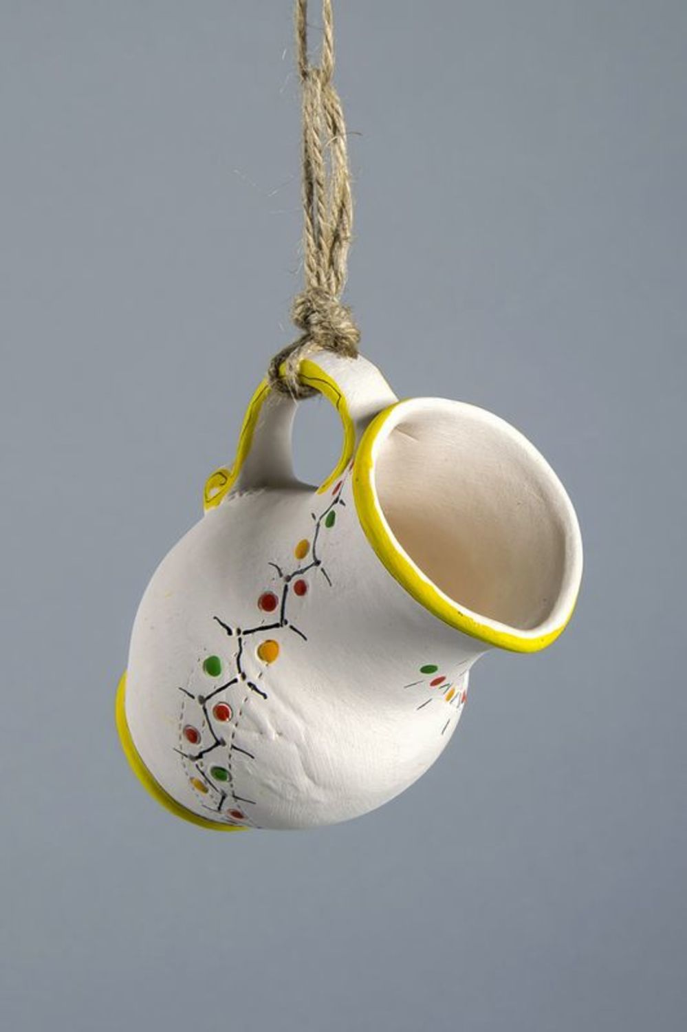 3,5 inches jug on the rope in white and yellow colors with floral design for décor 0,21 lb photo 4