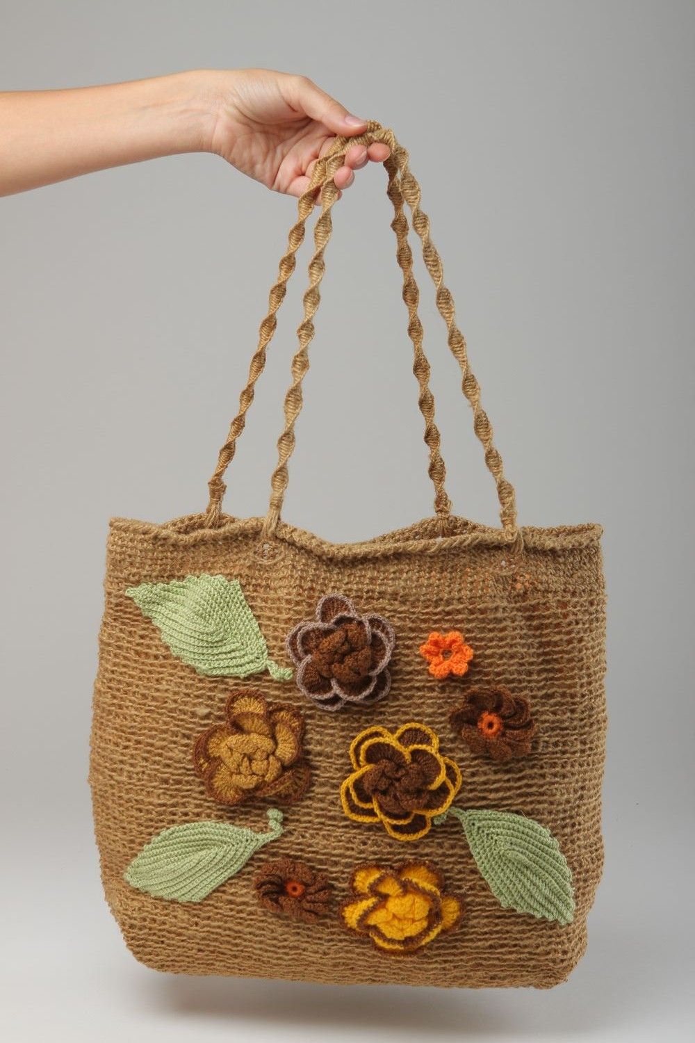 Сумка ручной работы женская сумка из бечевки и хлопка сумка макраме с цветами фото 5