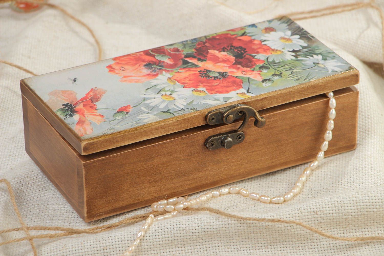Handmade designer rectangular wooden jewelry box with print on lid Red Poppies photo 1