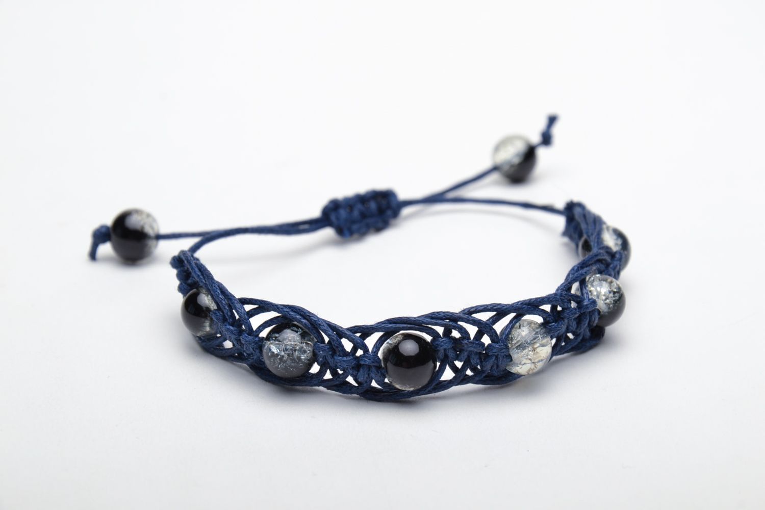 Bracelet en verre et cordelette bleue tressée réglable fait main pour femme  photo 1
