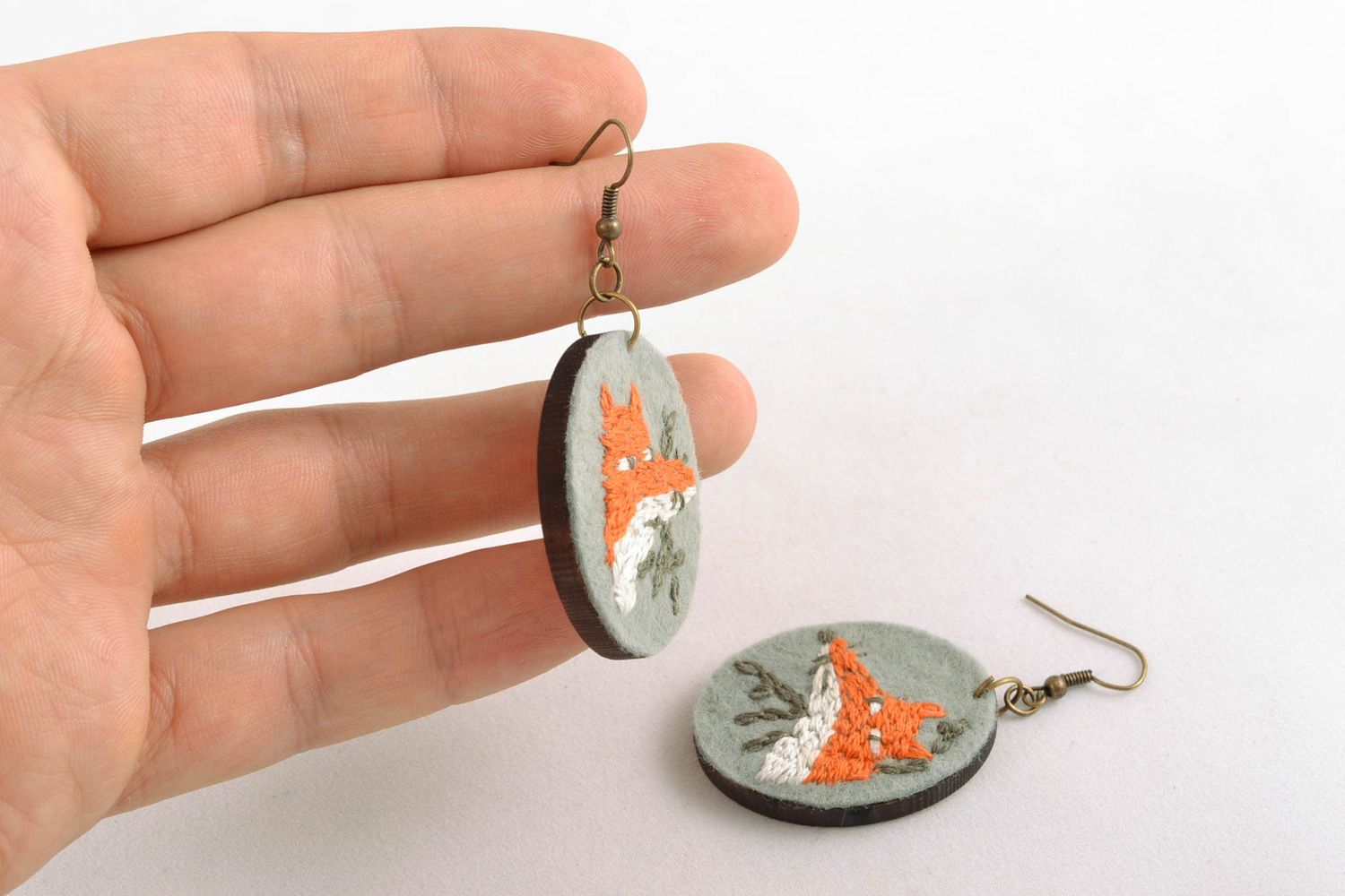 Wooden earrings with satin stitch embroidery Foxes photo 2