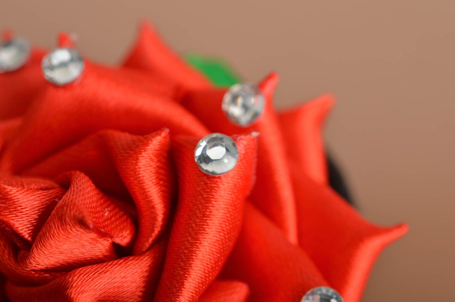 Handmade designer hair tie with red ribbon rose flower with rhinestones photo 4