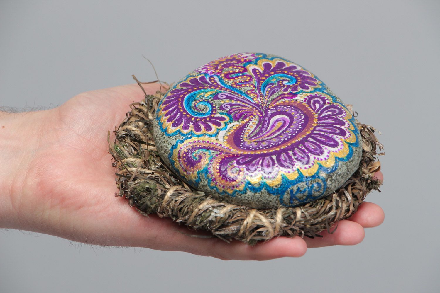 Handgemachter bemalter Stein für Dekoration auf Untersetzer aus Algen Geschenk foto 5