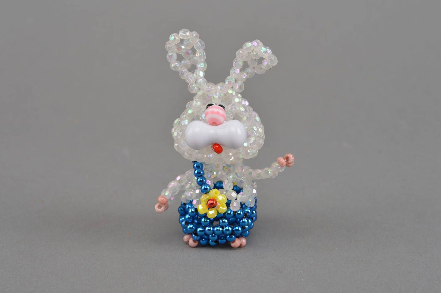Miniature handmade beaded figurine of hare in blue panties for home decor photo 3
