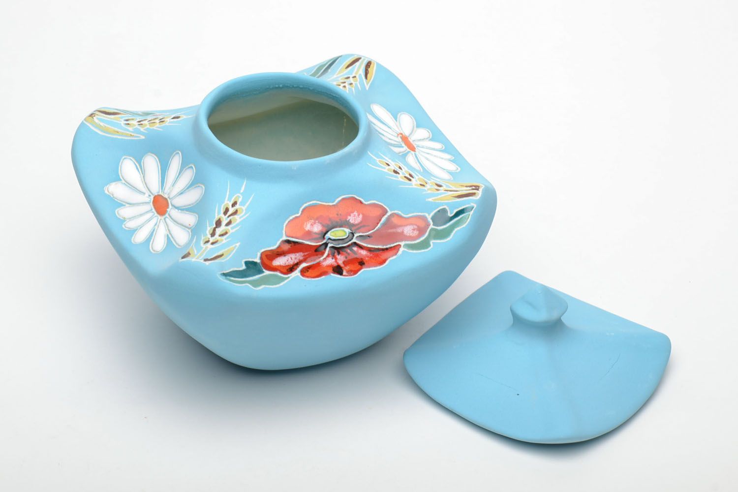 Blue ceramic sugar bowl with painting photo 4