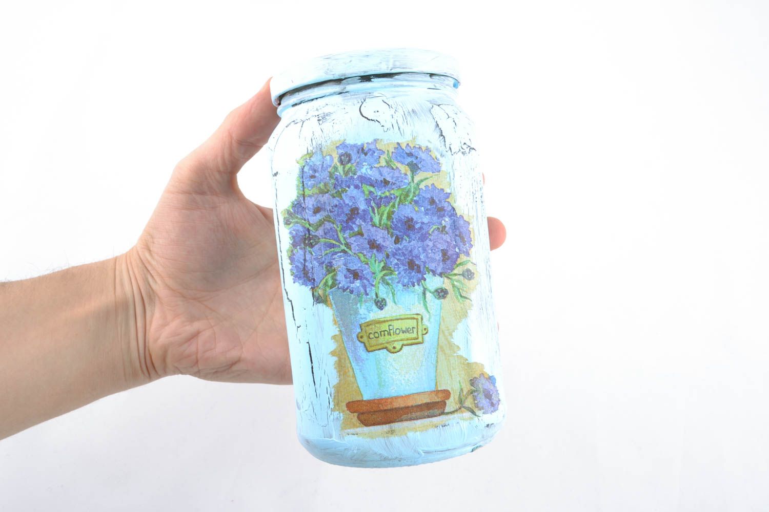30 oz hand-painted glass jar with blue floral pattern 1 lb photo 4