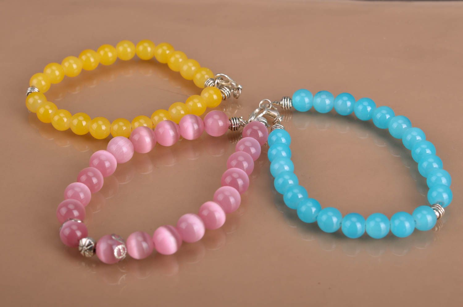 Set of 3 handmade designer beaded wrist bracelets neon colorful yellow pink blue photo 2