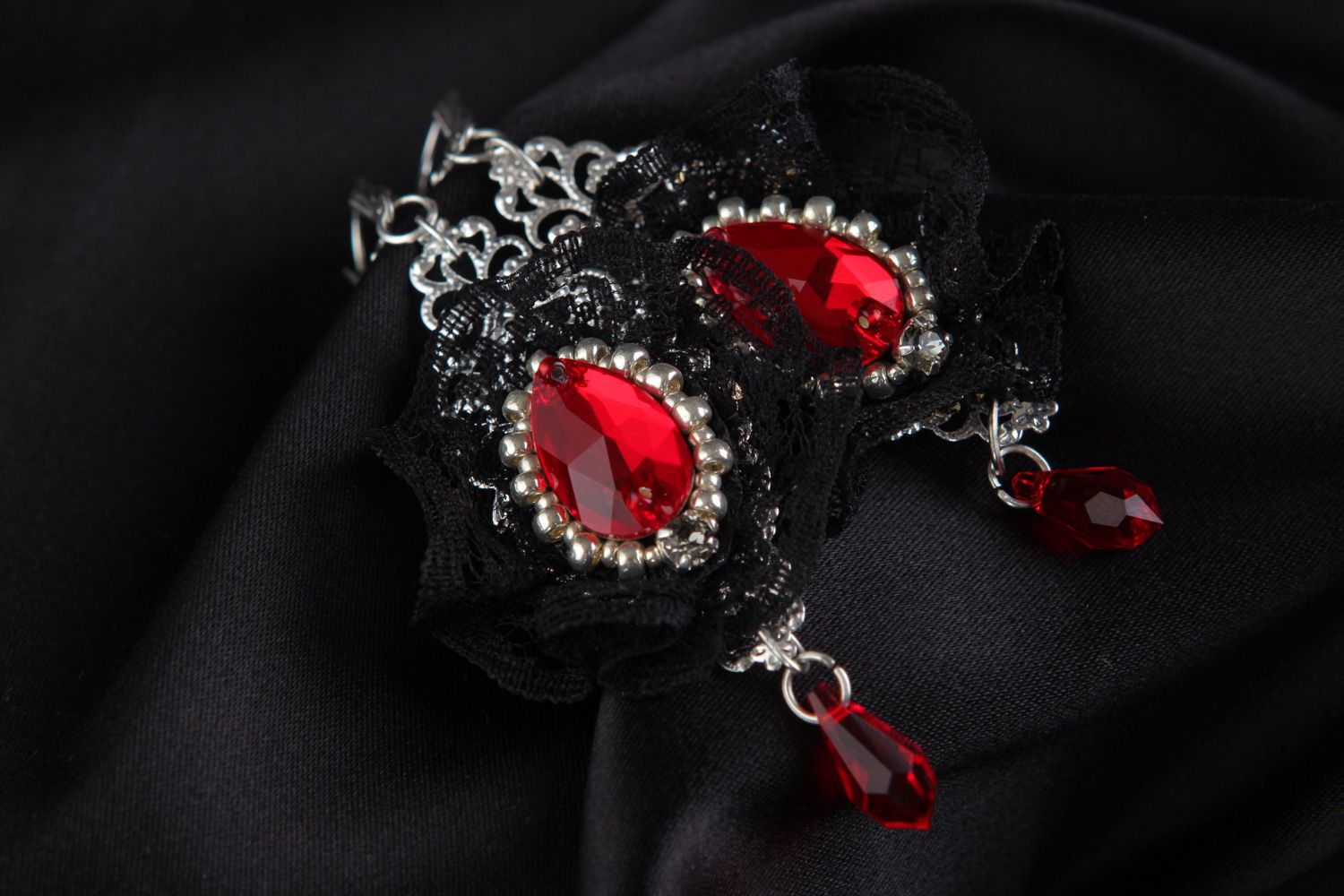 Handmade black and red dangle earrings with lace and Austrian crystals  photo 5