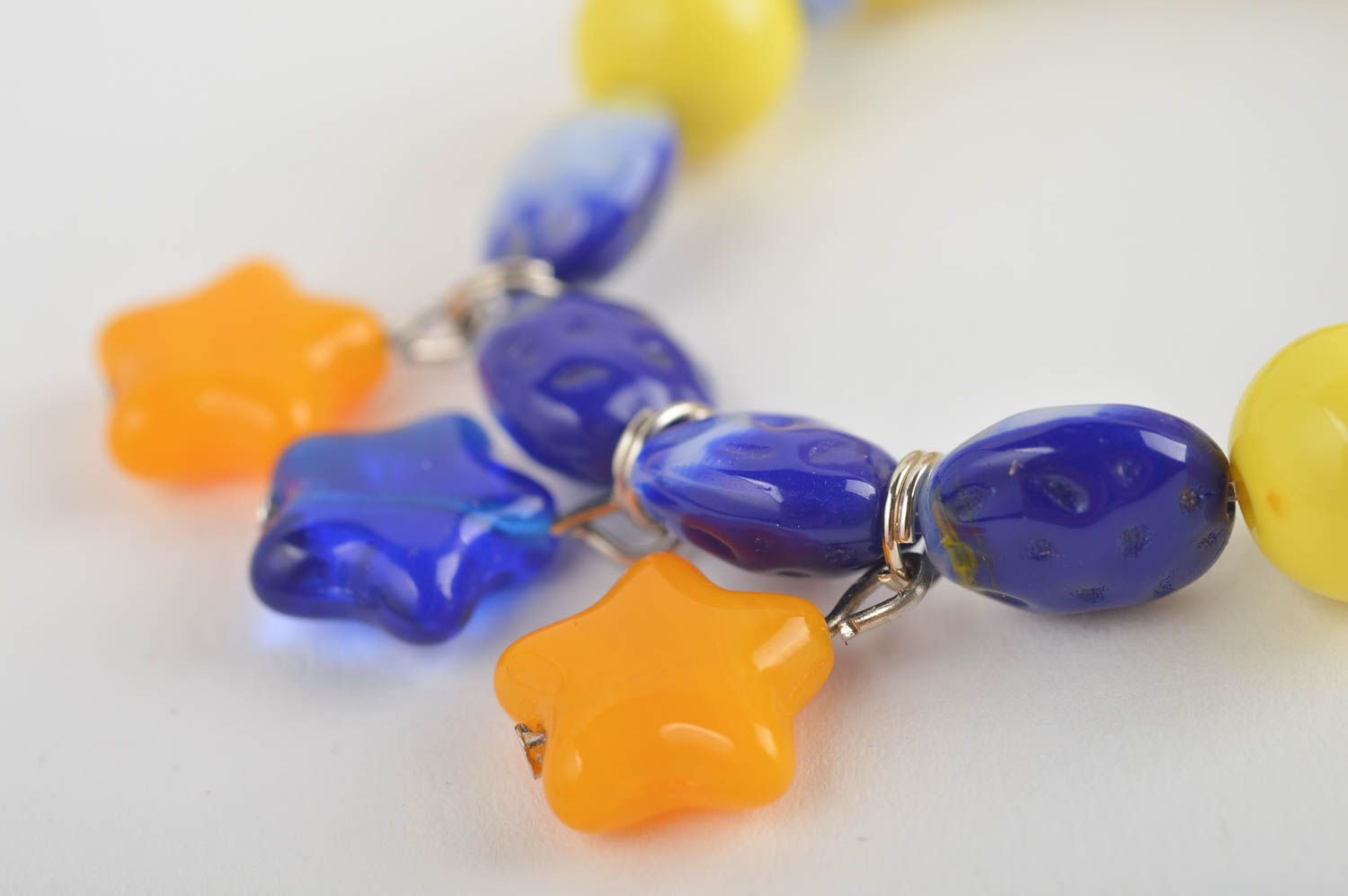 Yellow and blue beads bracelet on elastic cord cute with orange charms for girls  photo 4
