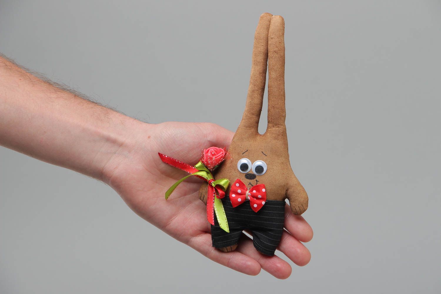 Handmade fridge magnet soft toy sewn of cotton fabric with coffee aroma Rabbit photo 5