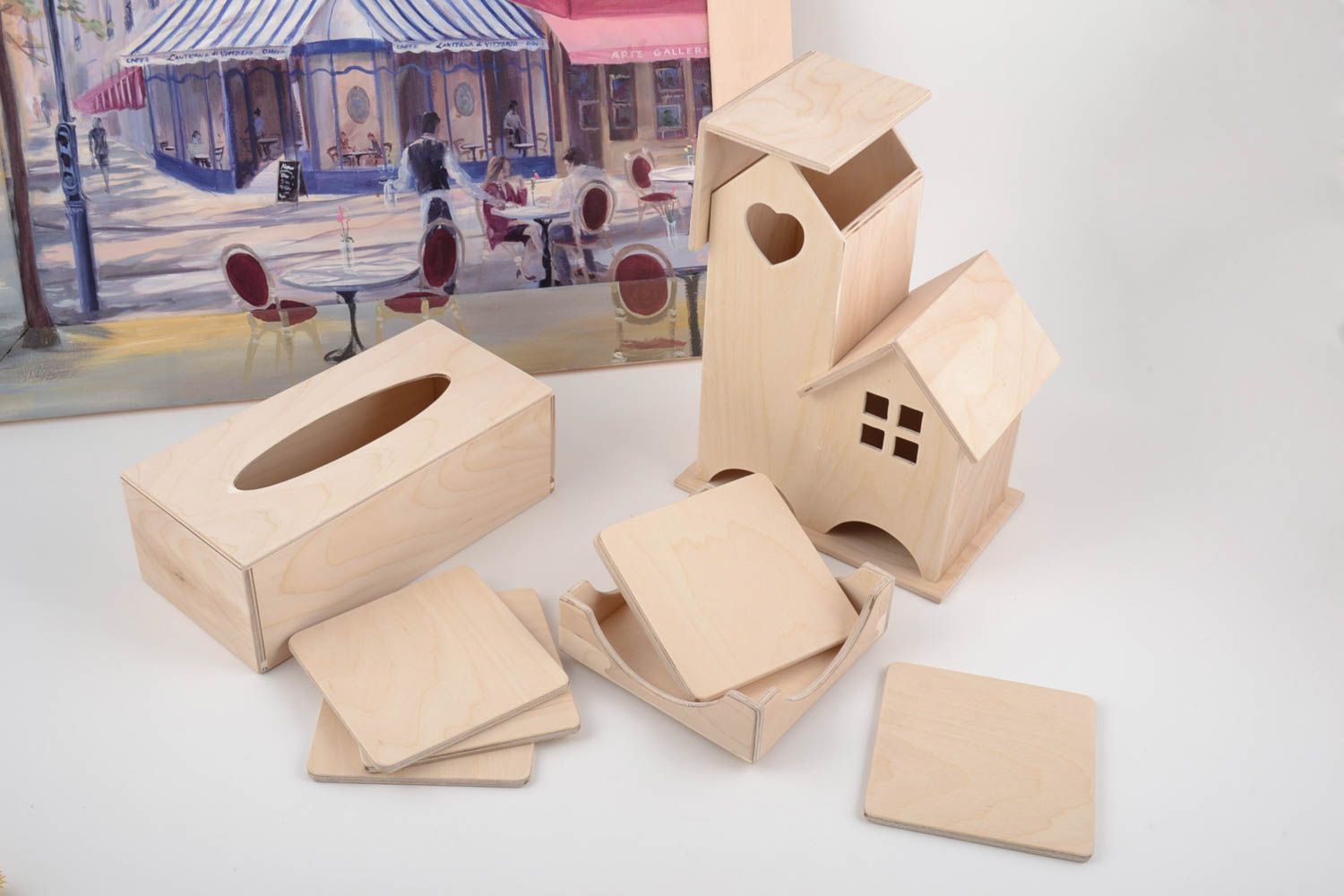 Set of 3 handmade plywood blanks DIY tea bag box napkin holder and coasters photo 1
