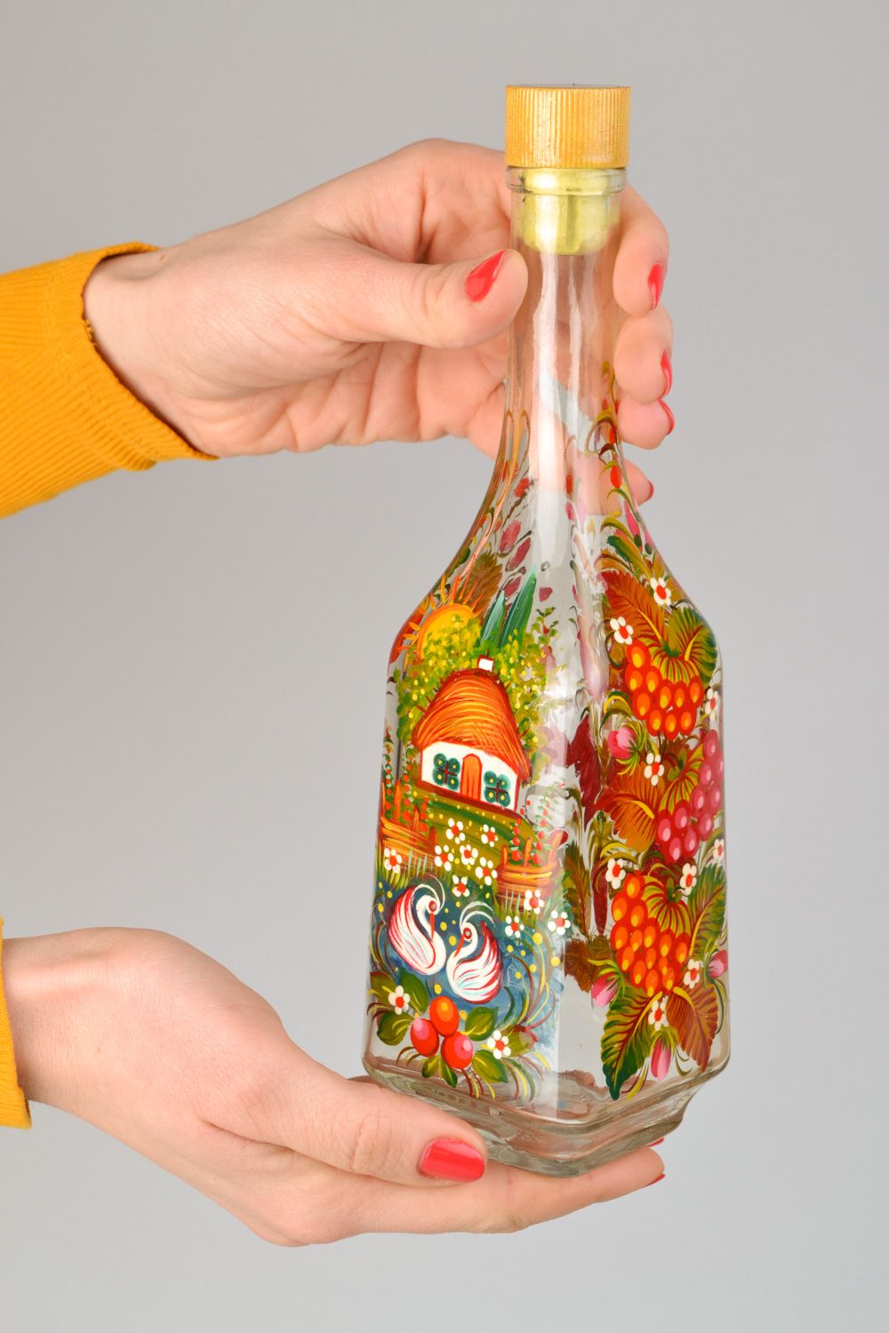 Handmade decorative bottle with ethnic painting in bright colors for 0.5 l Storks photo 2