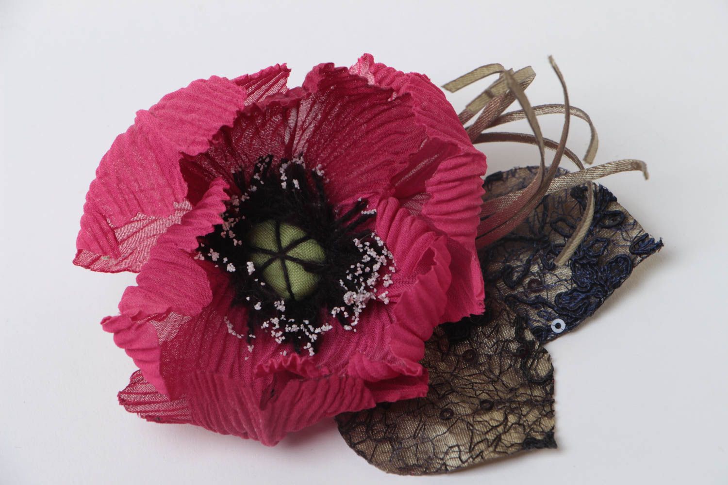 Broche barrette grande fleur de coquelicot en soie faite main originale photo 2