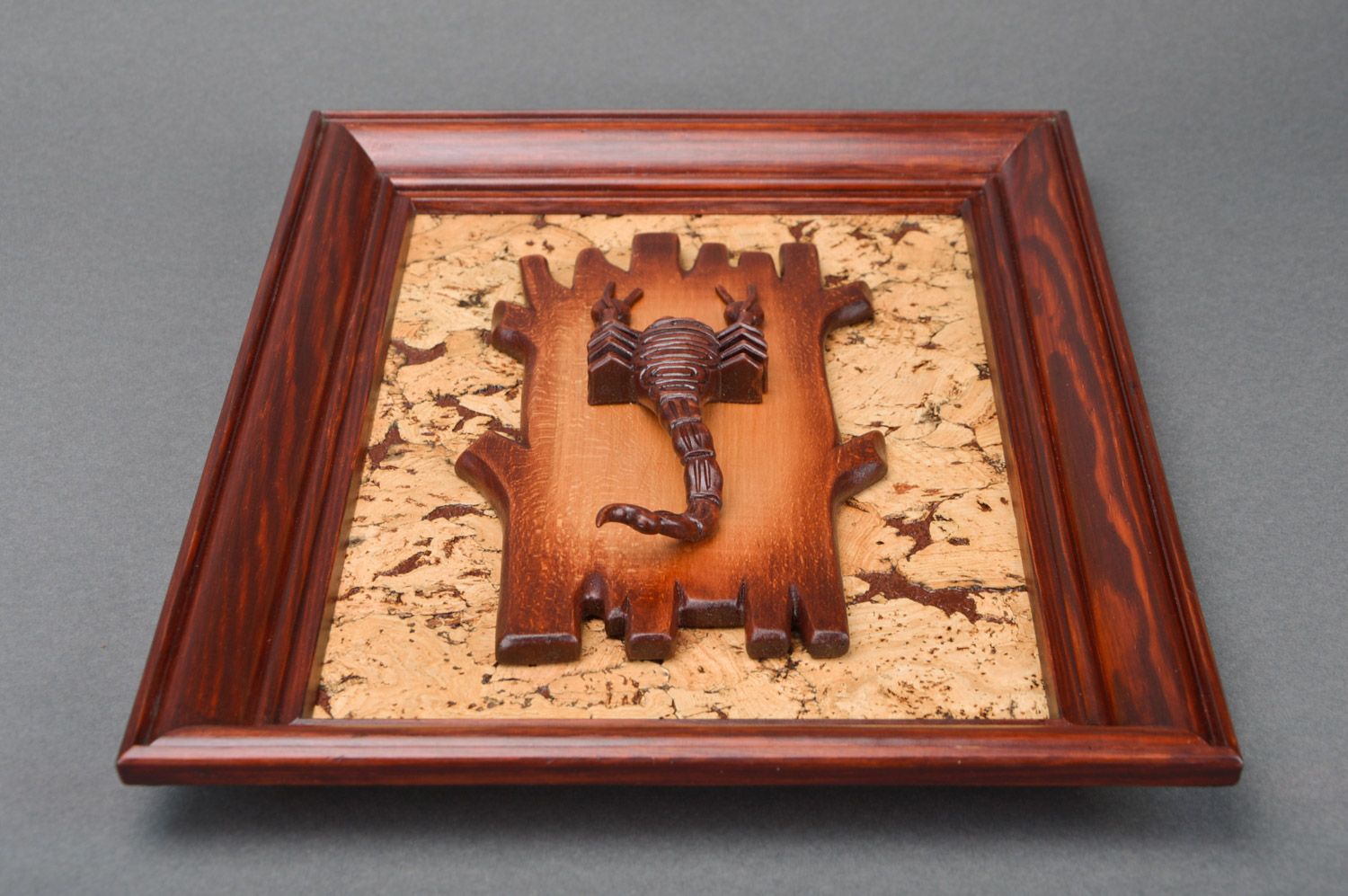 Handmade decorative basswood wall panel with relief image of scorpion in frame photo 5