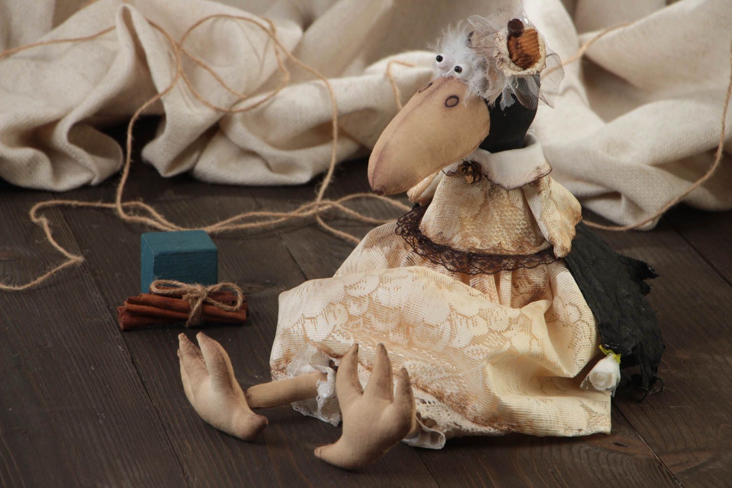 Handmade interior fabric soft toy crow Klara in dress home decor photo 1