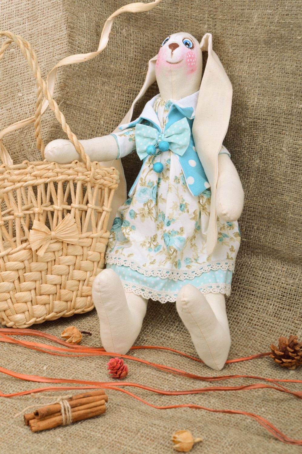 Handmade designer soft toy sewn of tapestry fabric Rabbit for interior decoration photo 1