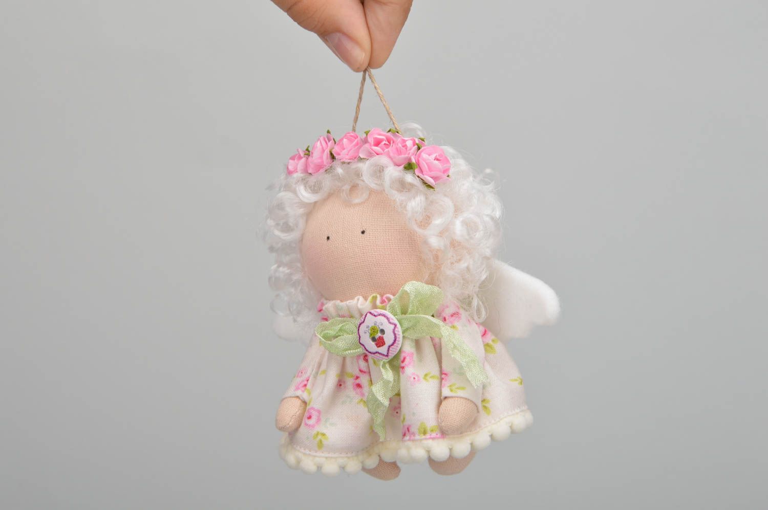 Beautiful small handmade fabric soft doll with wings and wreath interior hanging photo 3