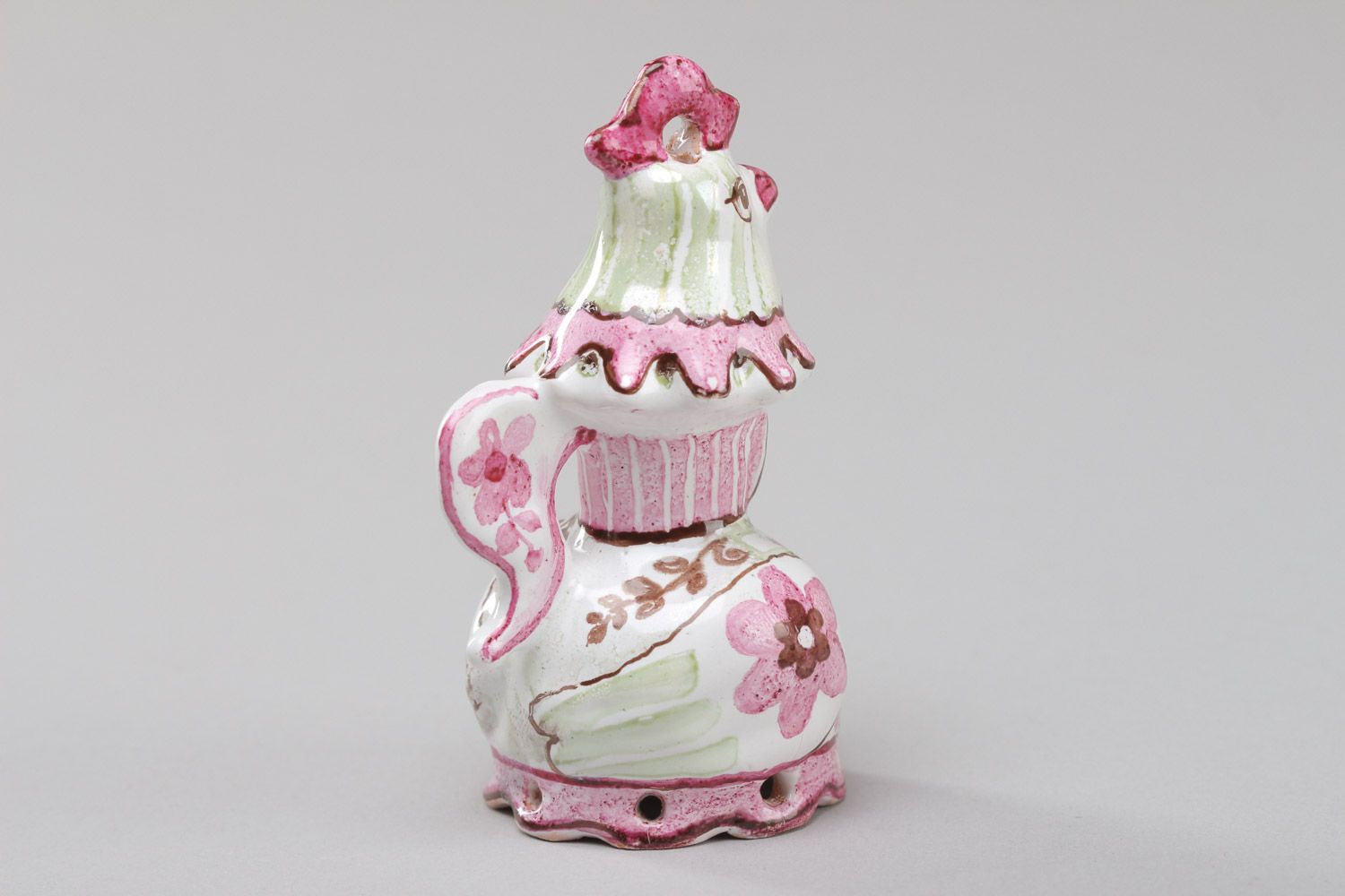 Petite cloche en céramique blanc-rose peint d'émail fait main en forme de coq photo 3