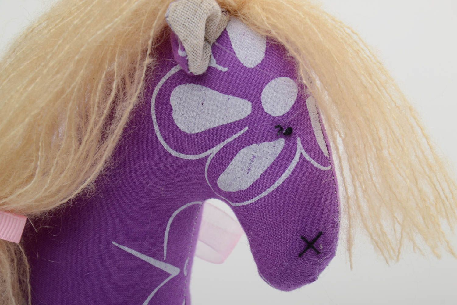 Handmade designer cotton fabric soft toy violet horse with beige threads mane photo 4