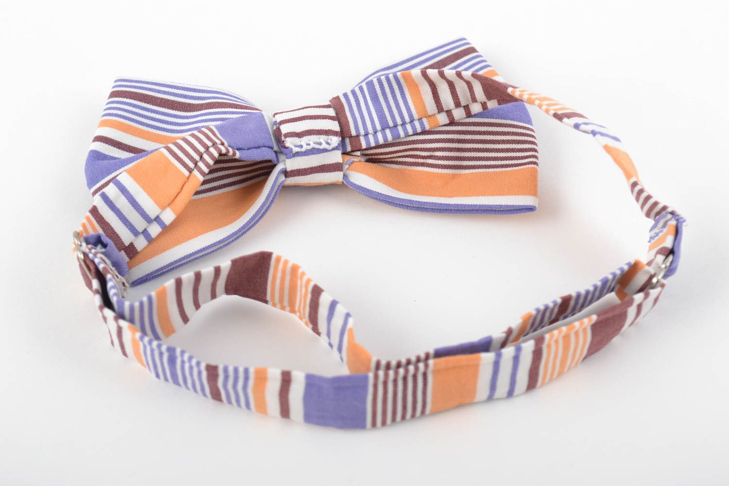 Unusual multicolored handmade designer striped fabric bow tie unisex photo 3