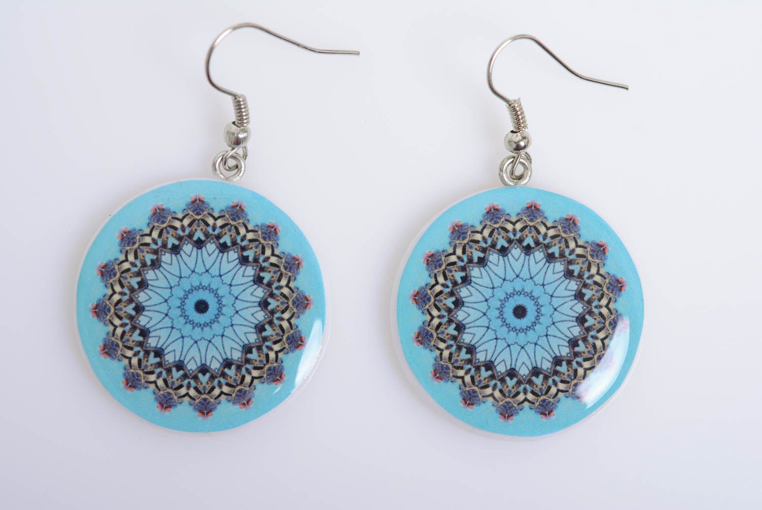 Beautiful blue handmade women's molded polymer clay earrings with decoupage photo 4